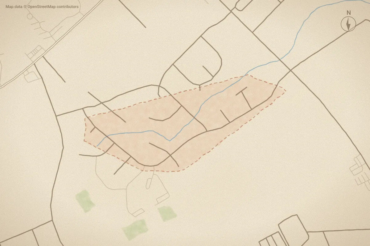 Watercolor map of Surrey Downs in Jacksonville, NC, showing its streets, water and surroundings