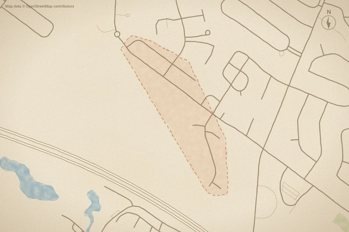 Watercolor map of Surrey Downs in New Bern, NC, showing its streets, water and surroundings