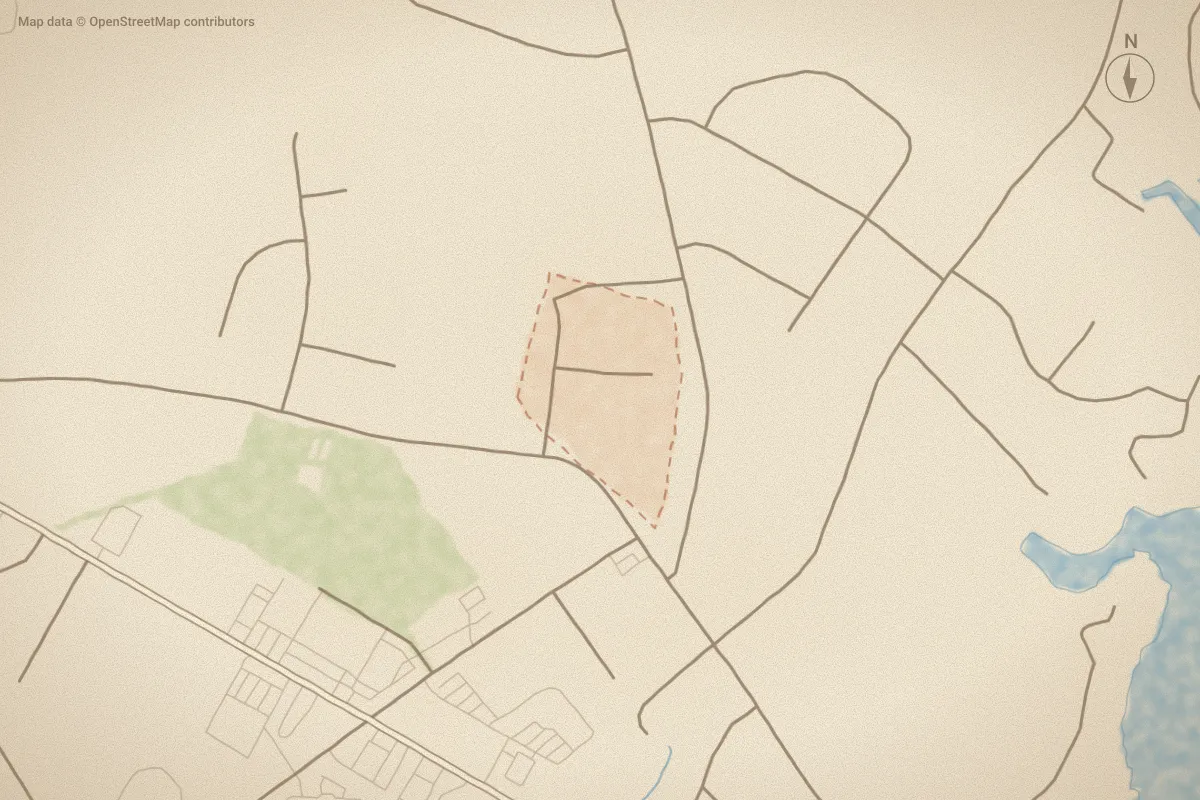 Watercolor map of Swansgate in Swansboro, NC, showing its streets, water and surroundings