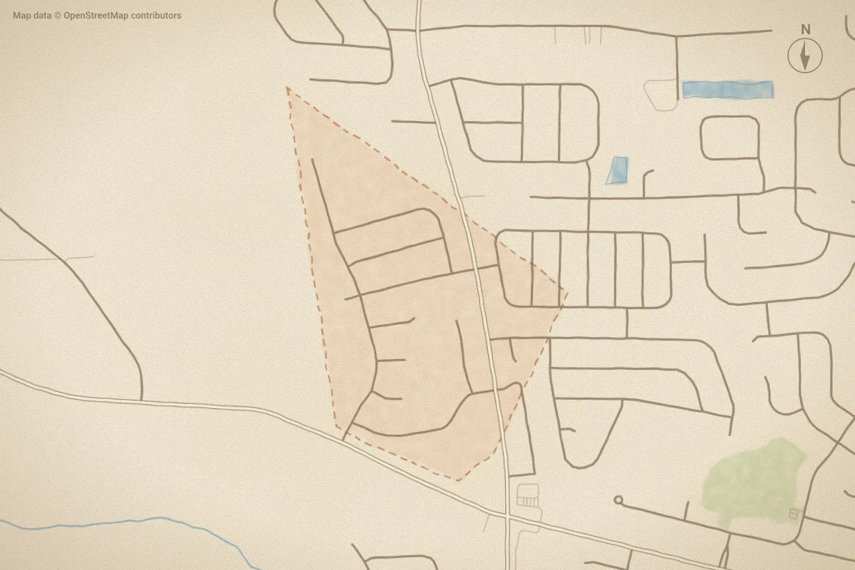 Watercolor map of Taberna in Greenville, NC, showing its streets, water and surroundings