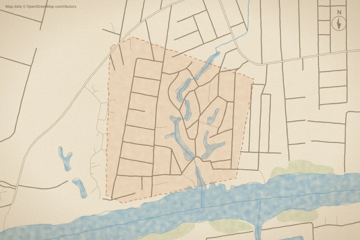 Watercolor map of Tanglewood in Supply, NC, showing its streets, water and surroundings