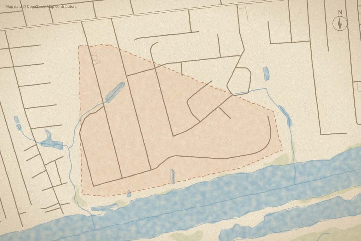 Watercolor map of Tarheeland Acres in Ocean Isle Beach, NC, showing its streets, water and surroundings