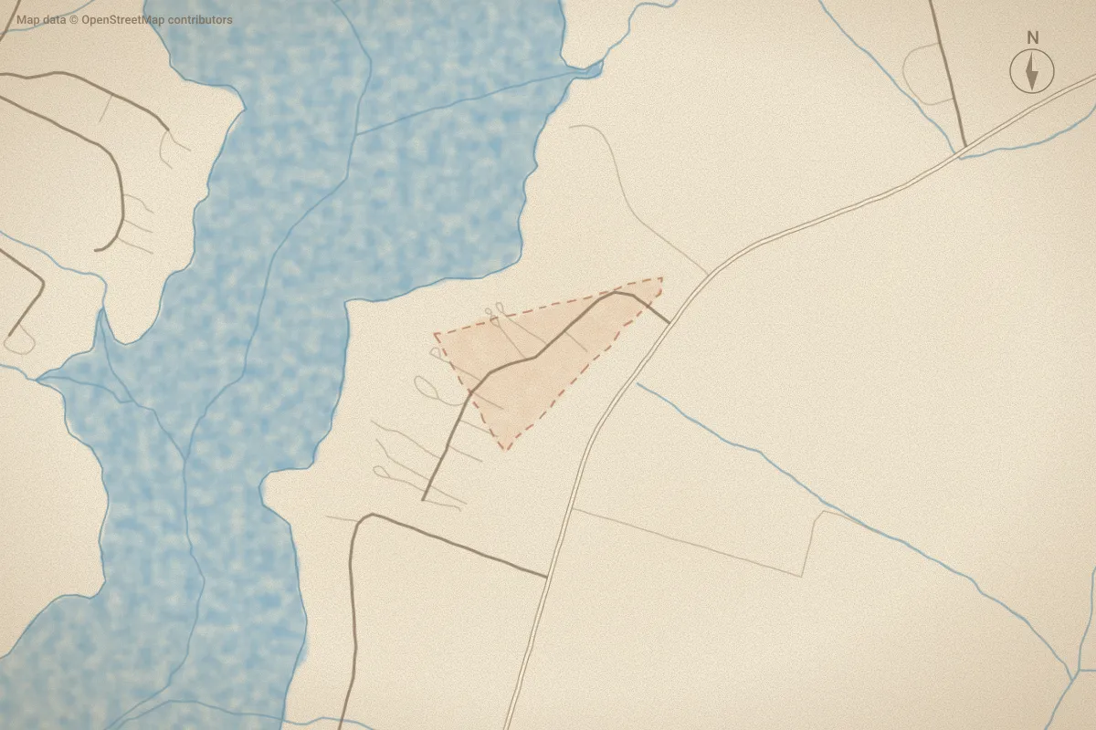 Watercolor map of Teachs Cove in Bath, NC, showing its streets, water and surroundings