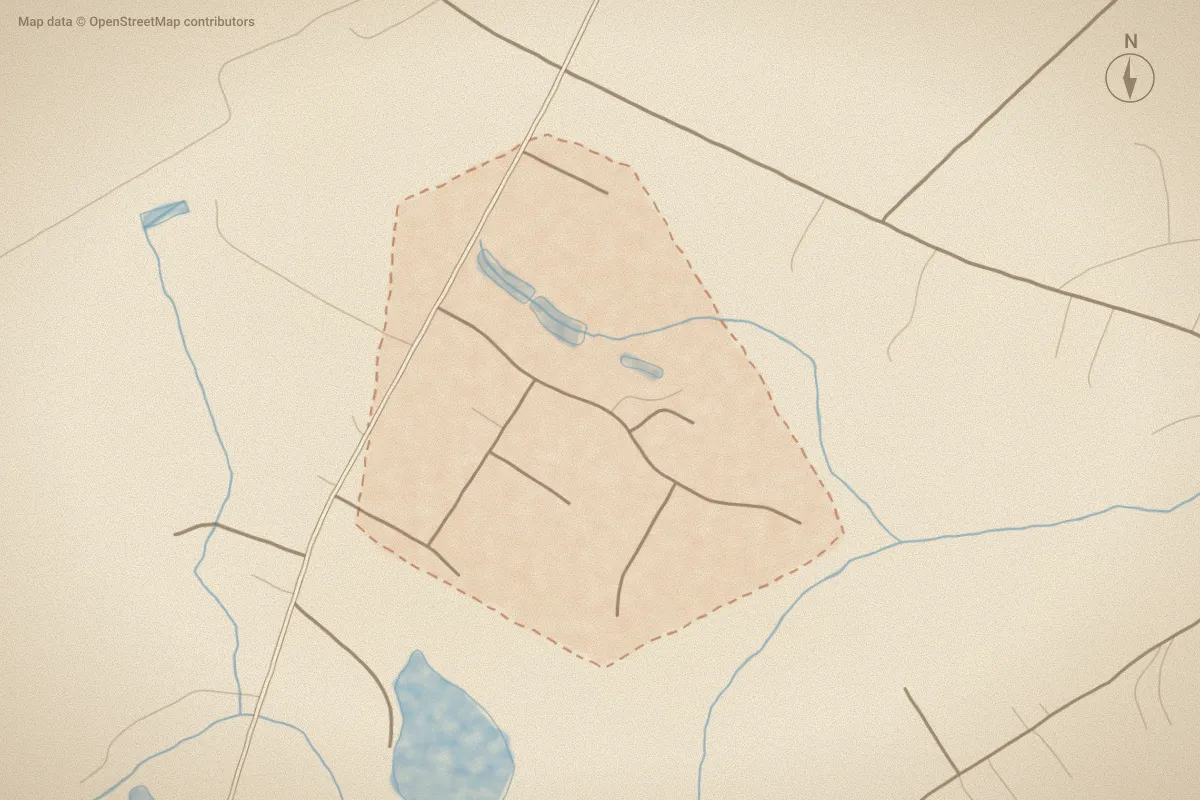 Watercolor map of The Bryant Place in Beulaville, NC, showing its streets, water and surroundings