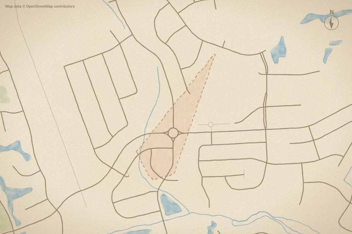 Watercolor map of The Courtyards at Mallory Retreat in Leland, NC, showing its streets, water and surroundings