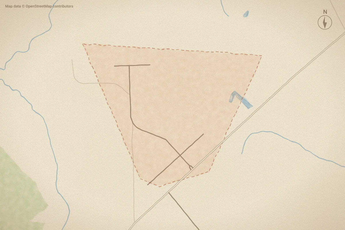 Watercolor map of The Farm at Red Oak in Battleboro, NC, showing its streets, water and surroundings