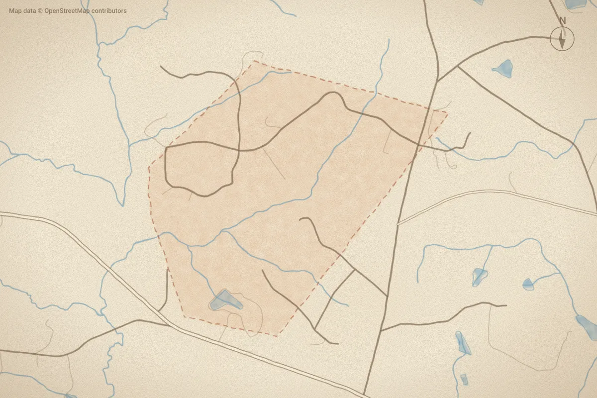 Watercolor map of The Fields in Cameron, NC, showing its streets, water and surroundings