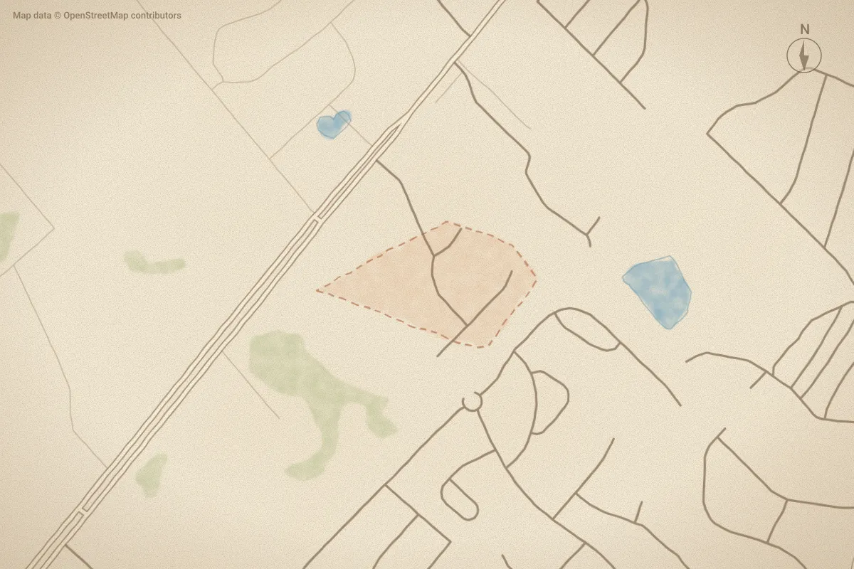 Watercolor map of The Home Place in Holly Ridge, NC, showing its streets, water and surroundings