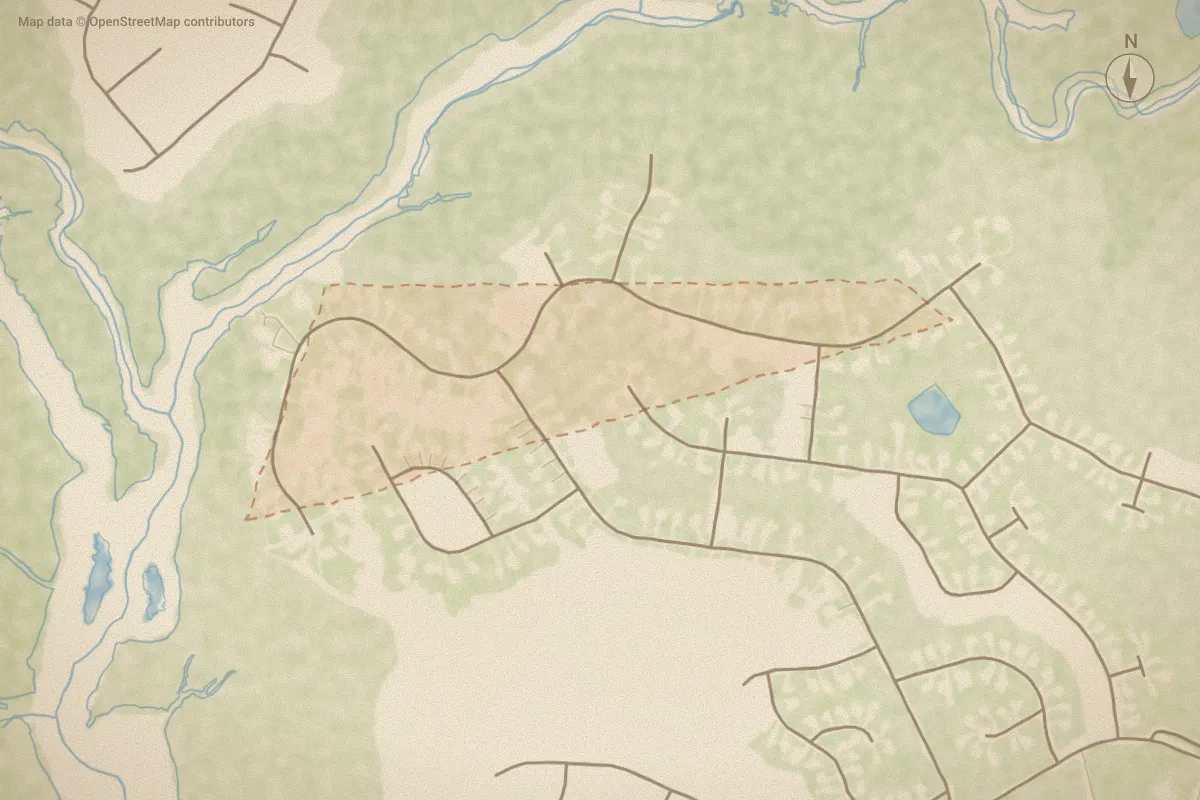 Watercolor map of The Landing in Jacksonville, NC, showing its streets, water and surroundings