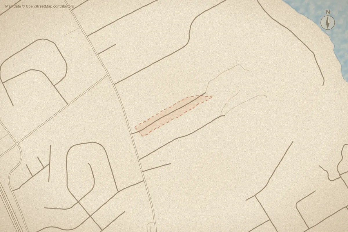 Watercolor map of The Oaks in New Bern, NC, showing its streets, water and surroundings