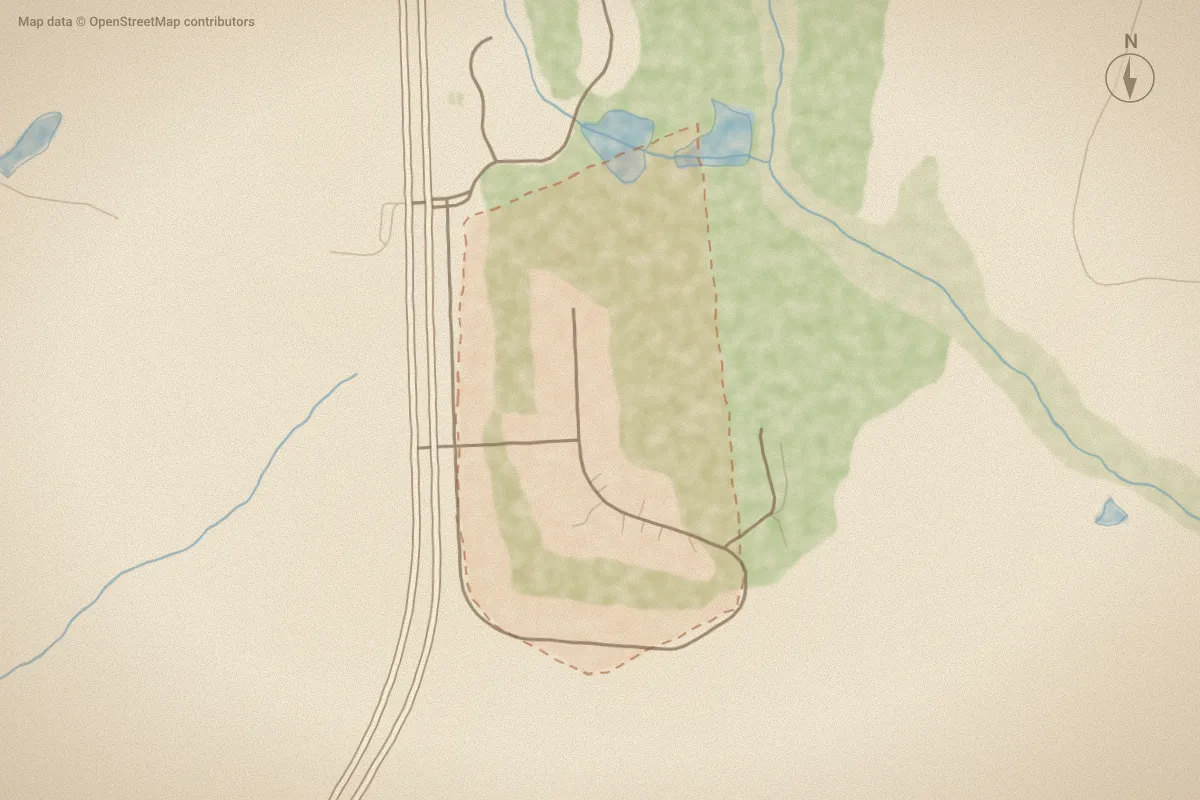 Watercolor map of The Pines in Pinebluff, NC, showing its streets, water and surroundings