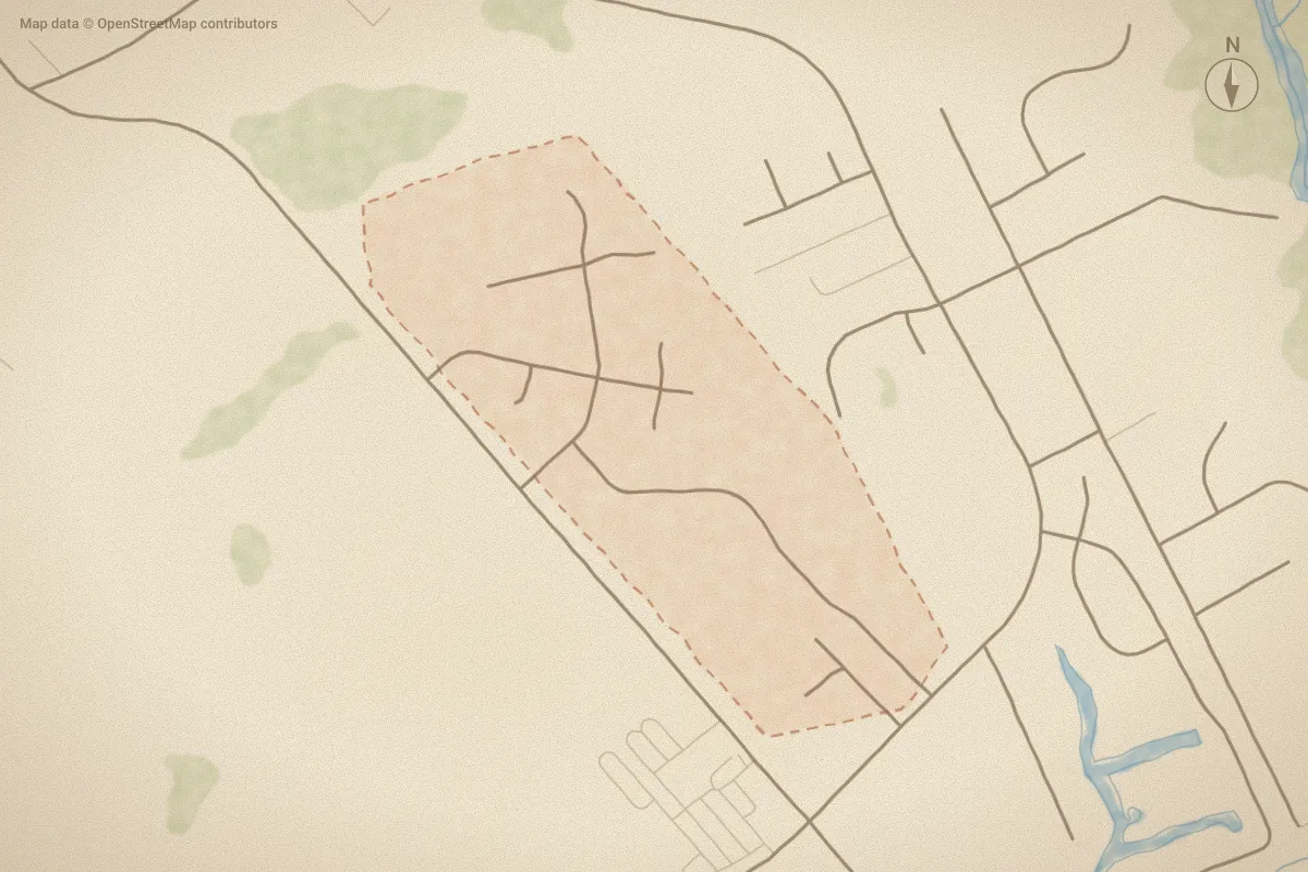 Watercolor map of The Preserve At Morris Landing in Holly Ridge, NC, showing its streets, water and surroundings