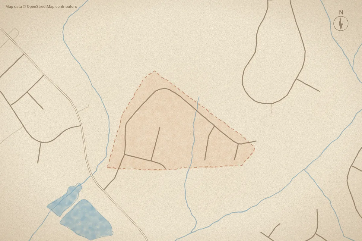 Watercolor map of The Reach in Goldsboro, NC, showing its streets, water and surroundings