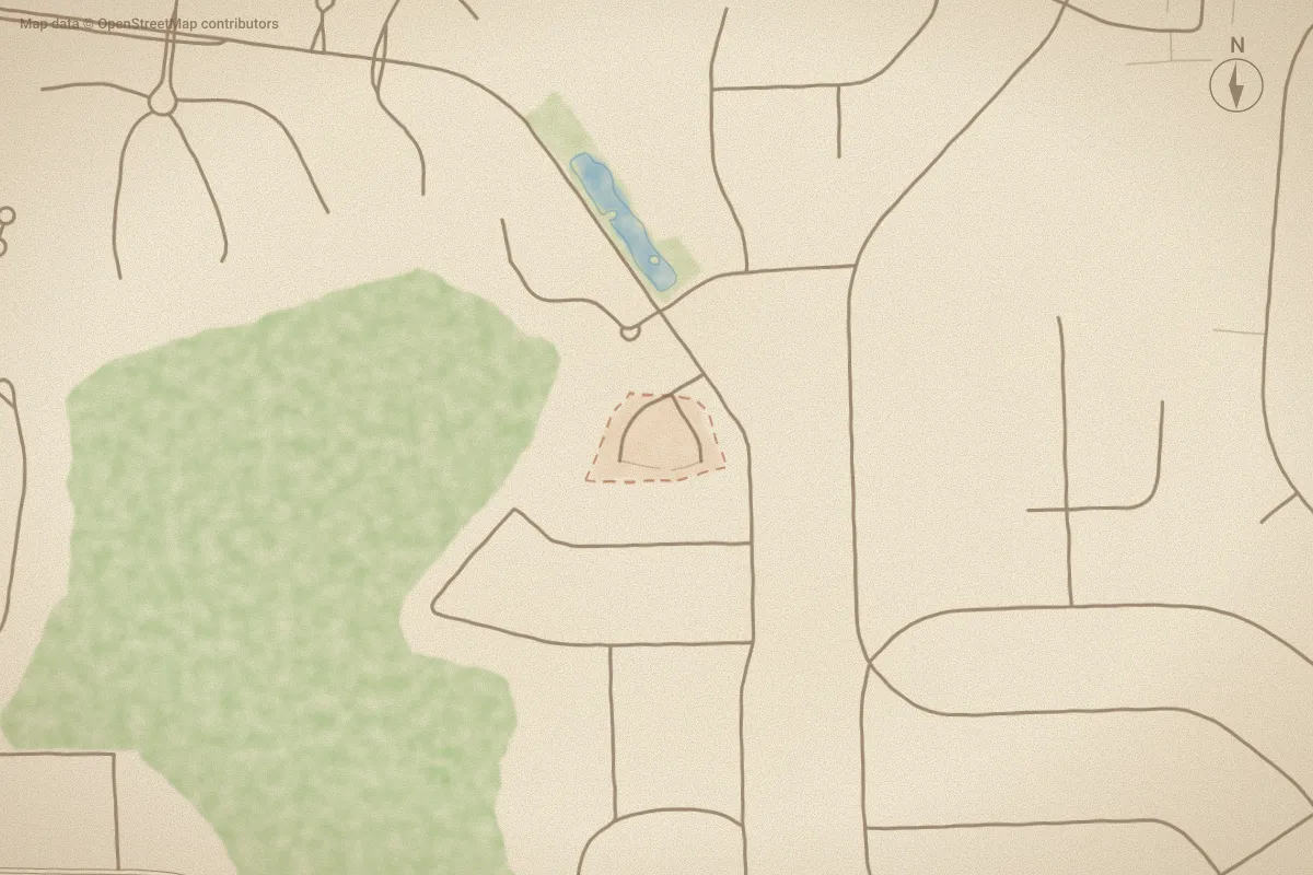 Watercolor map of The Village At Trent Woods in Trent Woods, NC, showing its streets, water and surroundings