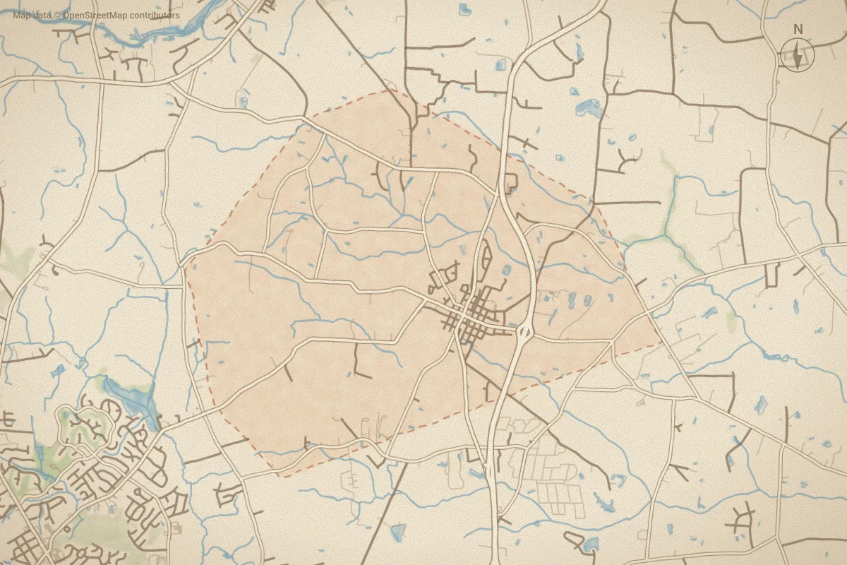 Watercolor map of Toisnot in Elm City, NC, showing its streets, water and surroundings
