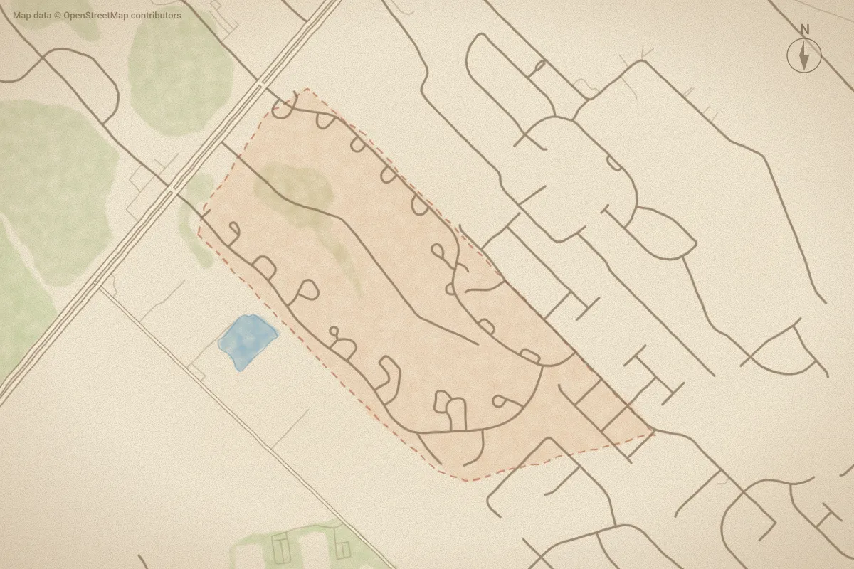 Watercolor map of Topsail Greens in Hampstead, NC, showing its streets, water and surroundings