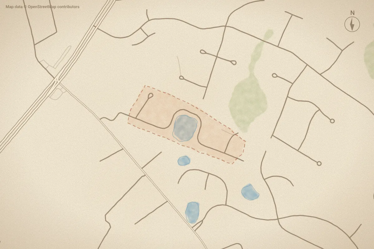 Watercolor map of Topsail Lakes in Hampstead, NC, showing its streets, water and surroundings