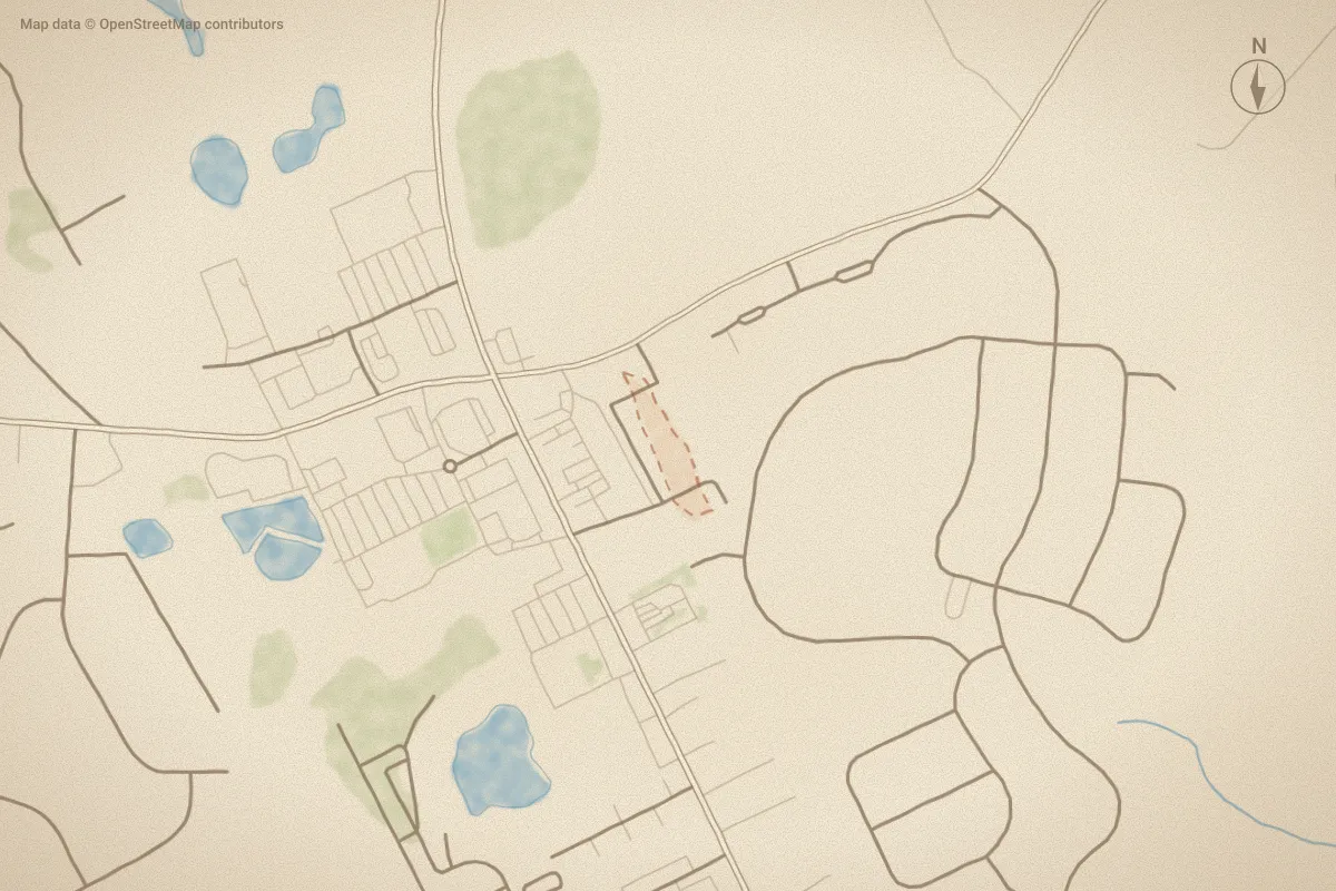 Watercolor map of Topsail Landing Condominiums in Surf City, NC, showing its streets, water and surroundings