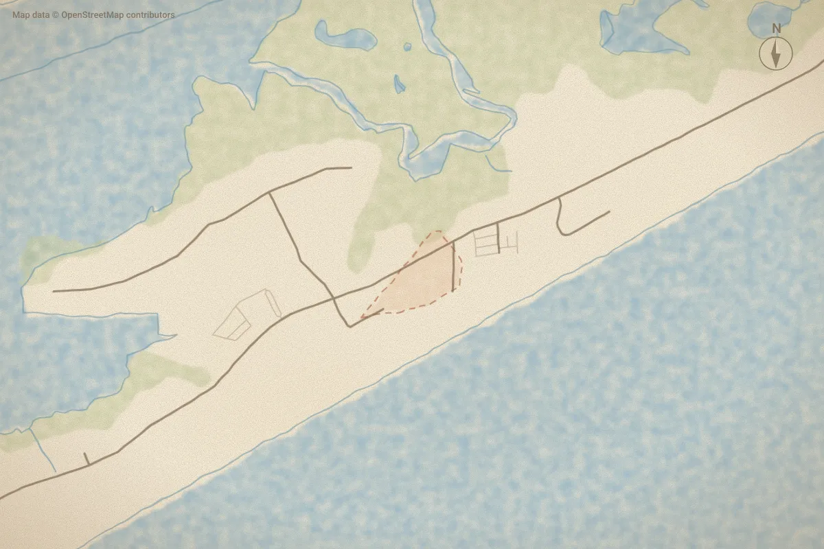 Watercolor map of Topsail Villas in North Topsail Beach, NC, showing its streets, water and surroundings