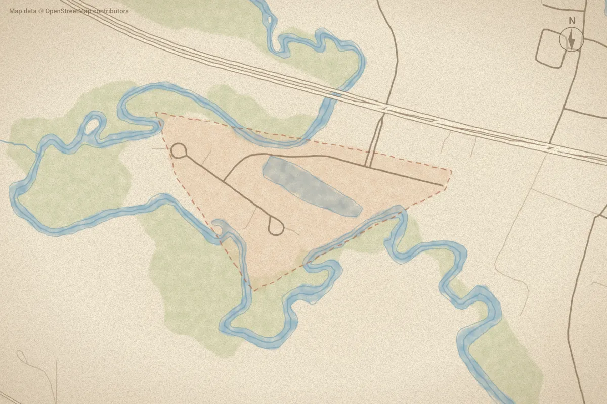 Watercolor map of Tranters Run in Washington, NC, showing its streets, water and surroundings