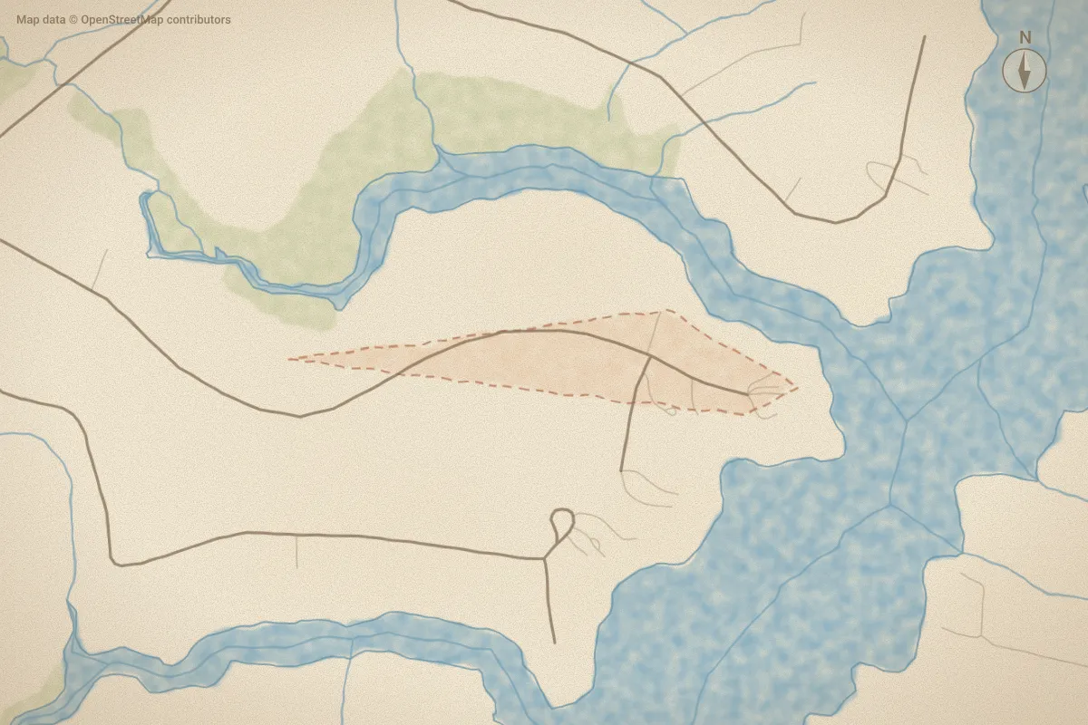 Watercolor map of Treasure Pointe in Bath, NC, showing its streets, water and surroundings