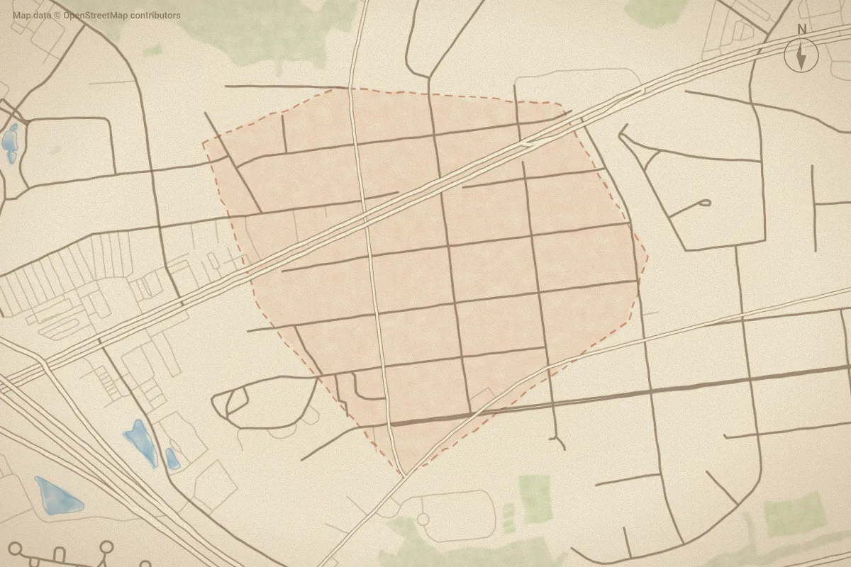 Watercolor map of Trent Park in New Bern, NC, showing its streets, water and surroundings