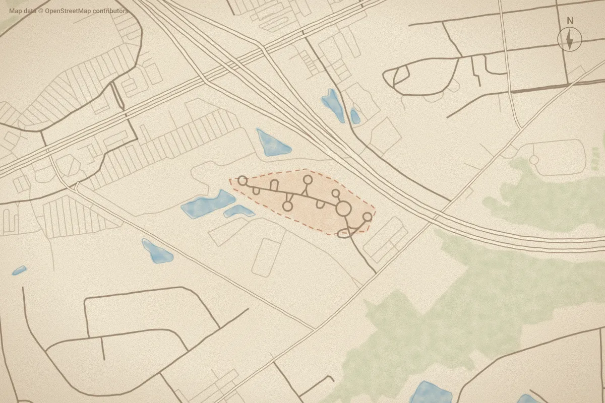 Watercolor map of Trent Village in New Bern, NC, showing its streets, water and surroundings