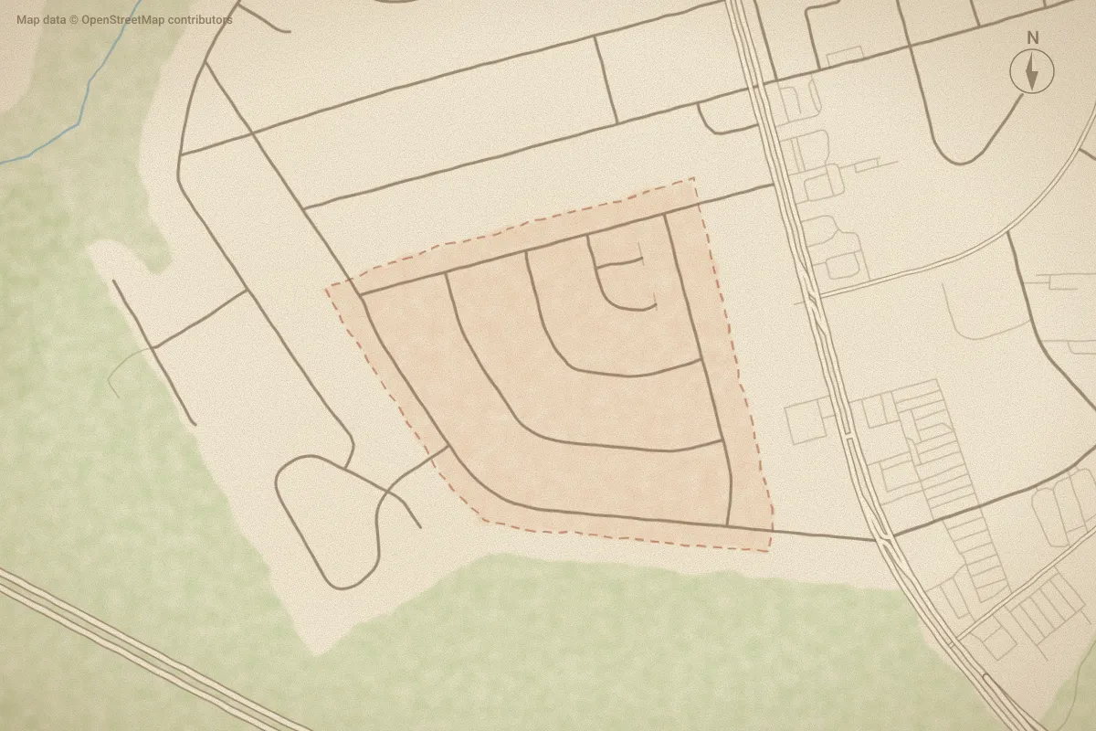 Watercolor map of Tryon Park in Havelock, NC, showing its streets, water and surroundings