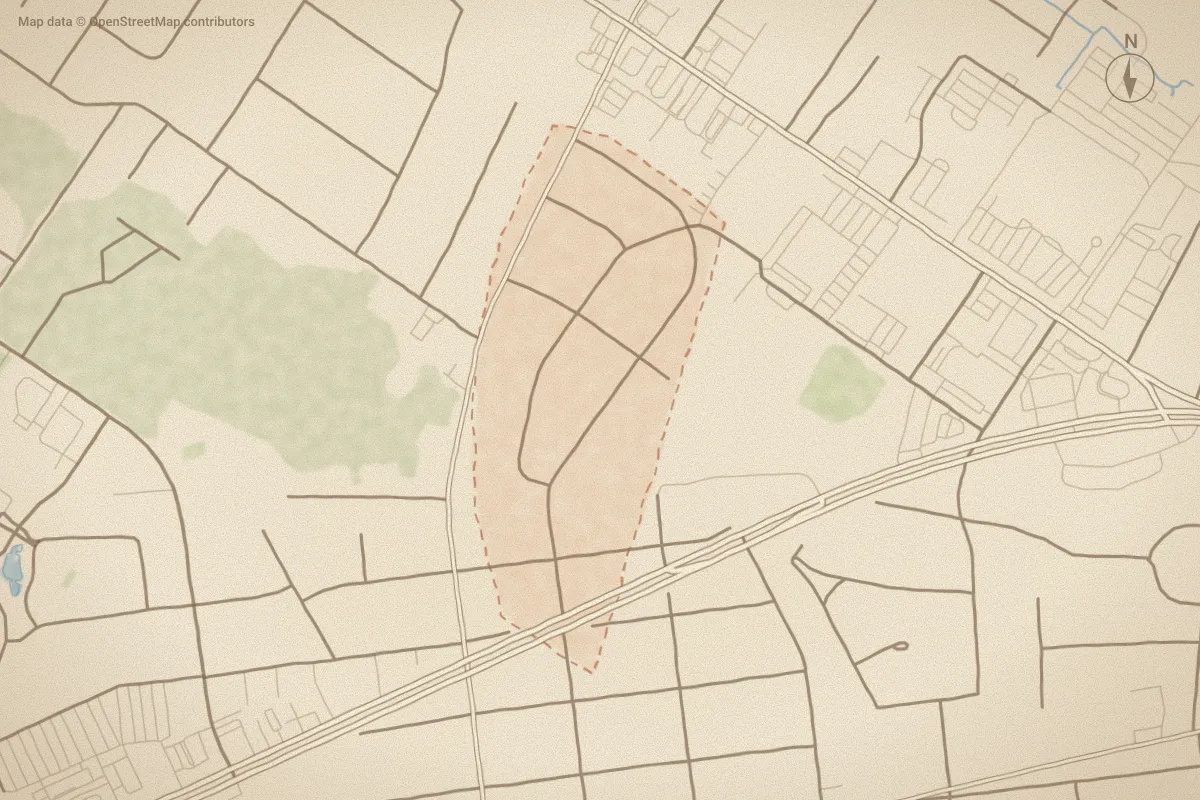 Watercolor map of Tryon Village in New Bern, NC, showing its streets, water and surroundings