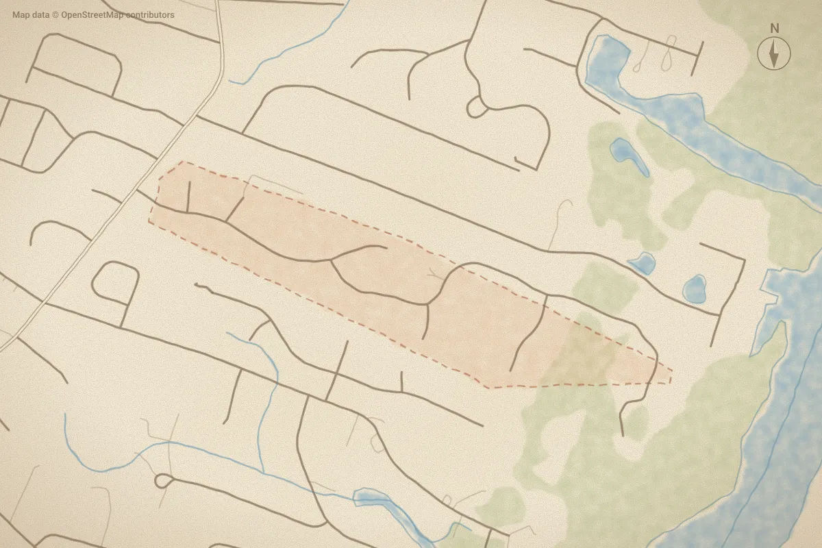 Watercolor map of Turtle Hall in Wilmington, NC, showing its streets, water and surroundings