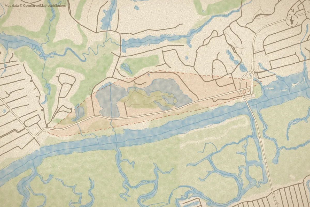 Watercolor map of Twin Lakes in Sunset Beach, NC, showing its streets, water and surroundings