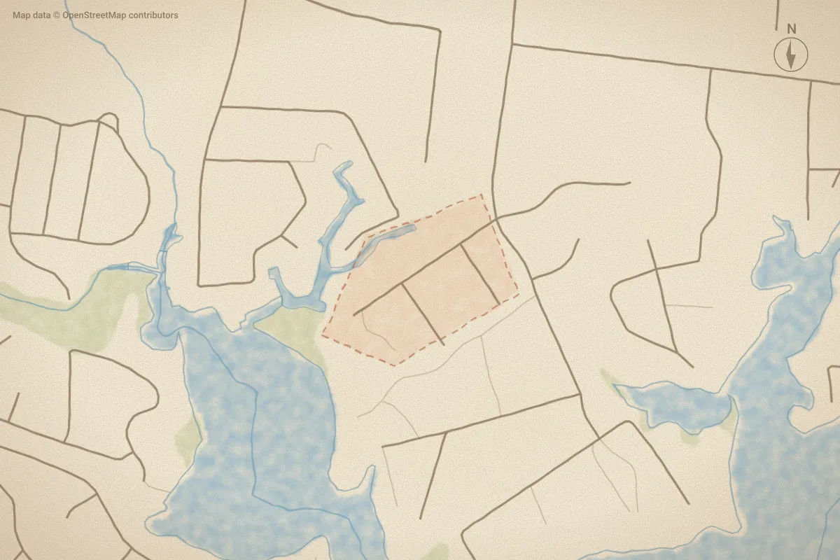 Watercolor map of Twisted Oaks in Sneads Ferry, NC, showing its streets, water and surroundings