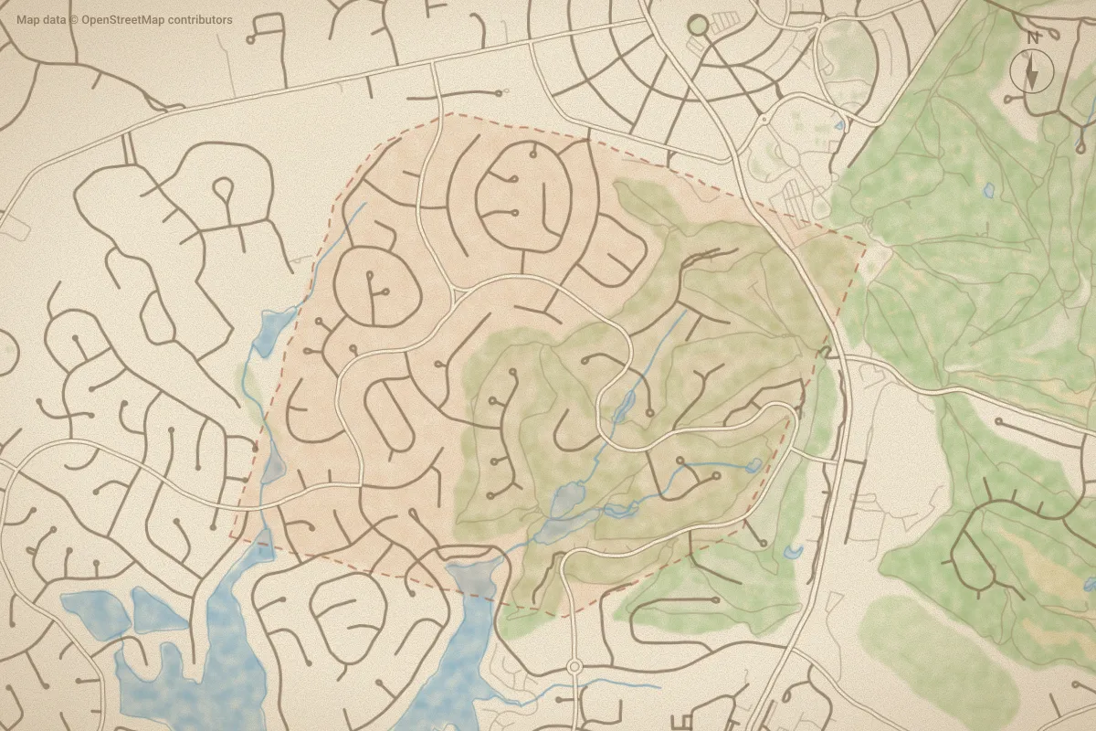Watercolor map of Unit 1 in Pinehurst, NC, showing its streets, water and surroundings