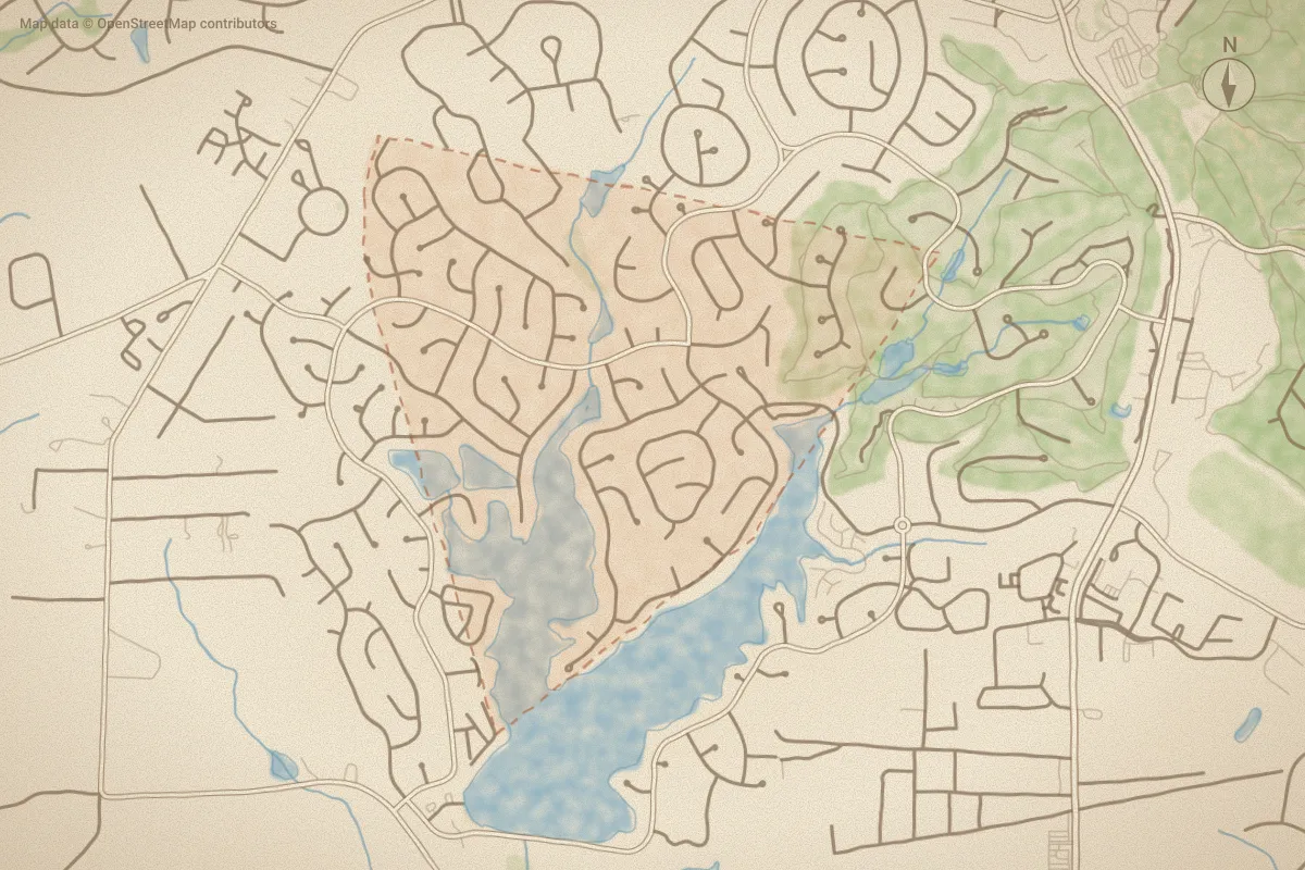 Watercolor map of Unit 10 in Pinehurst, NC, showing its streets, water and surroundings