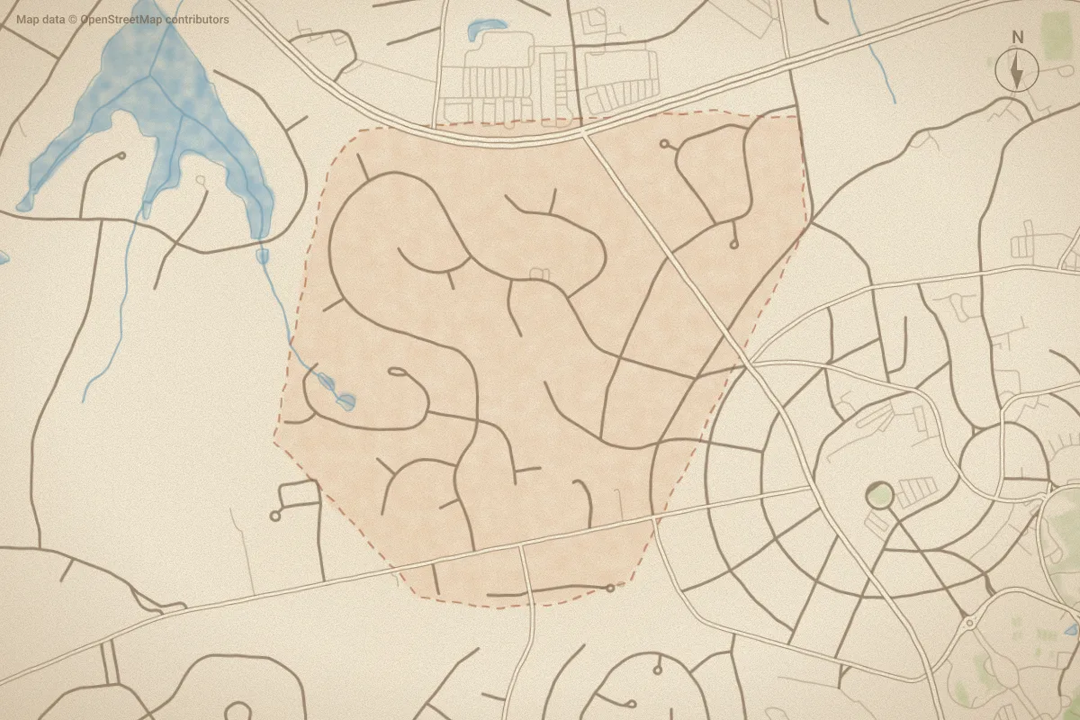 Watercolor map of Unit 2 in Pinehurst, NC, showing its streets, water and surroundings