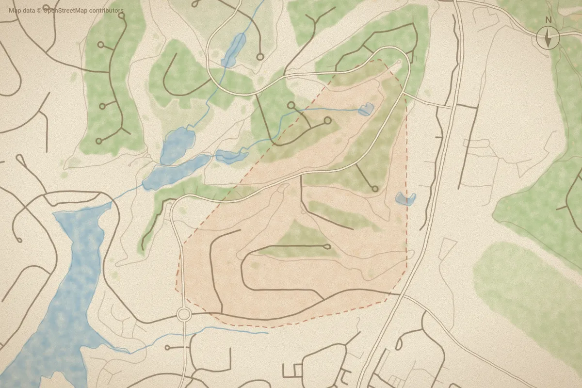 Watercolor map of Unit 6 in Pinehurst, NC, showing its streets, water and surroundings