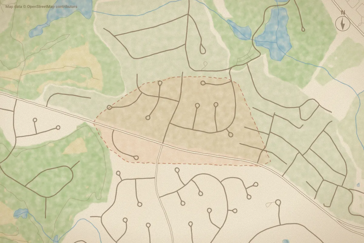 Watercolor map of Unit 8A in Pinehurst, NC, showing its streets, water and surroundings
