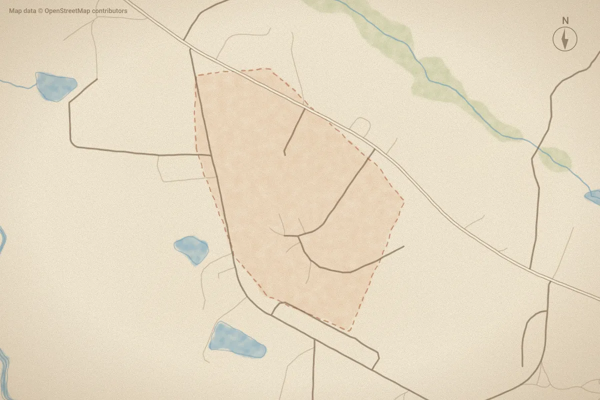 Watercolor map of Vanderbuilt Acr in Vass, NC, showing its streets, water and surroundings