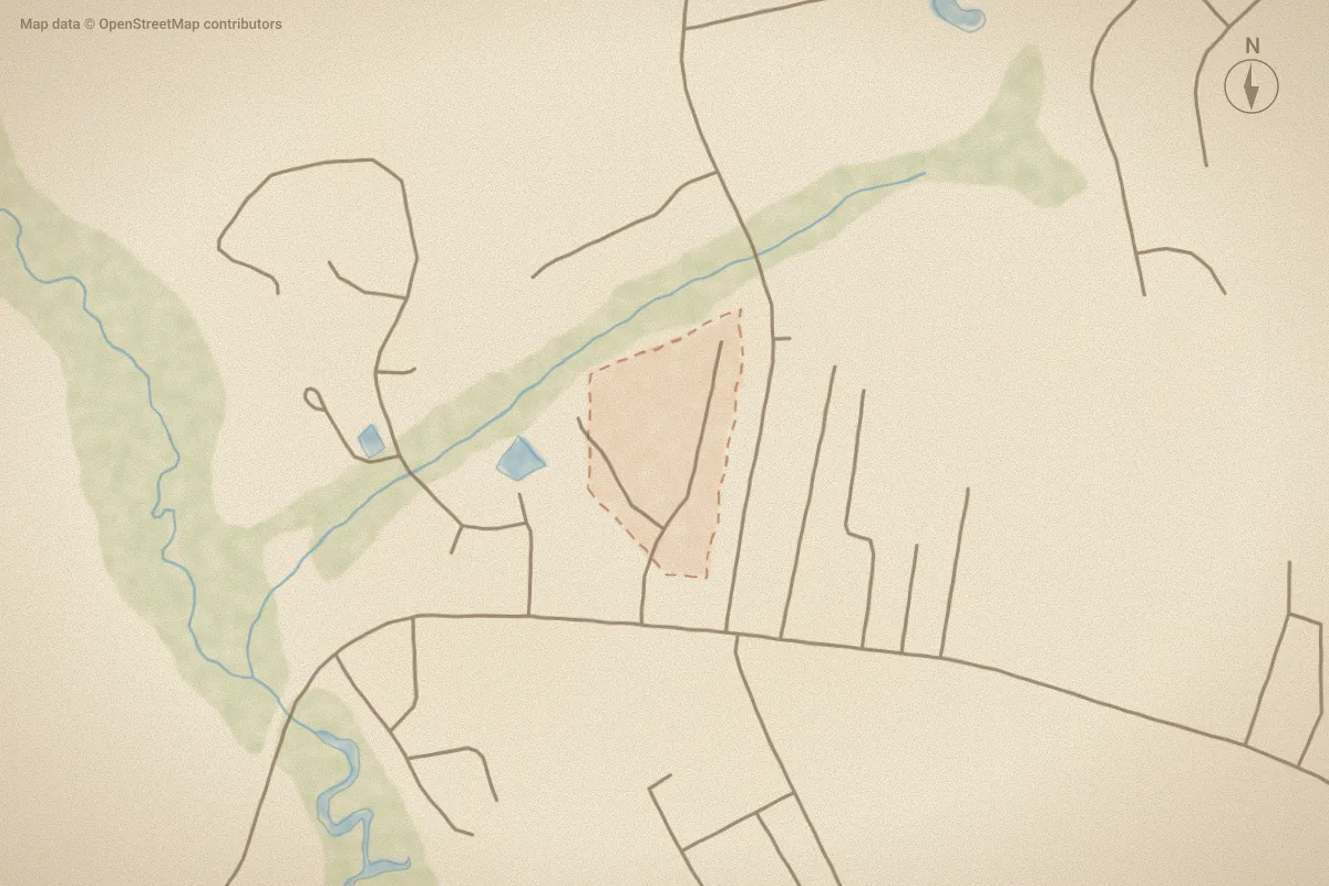 Watercolor map of Villa Park in Hubert, NC, showing its streets, water and surroundings