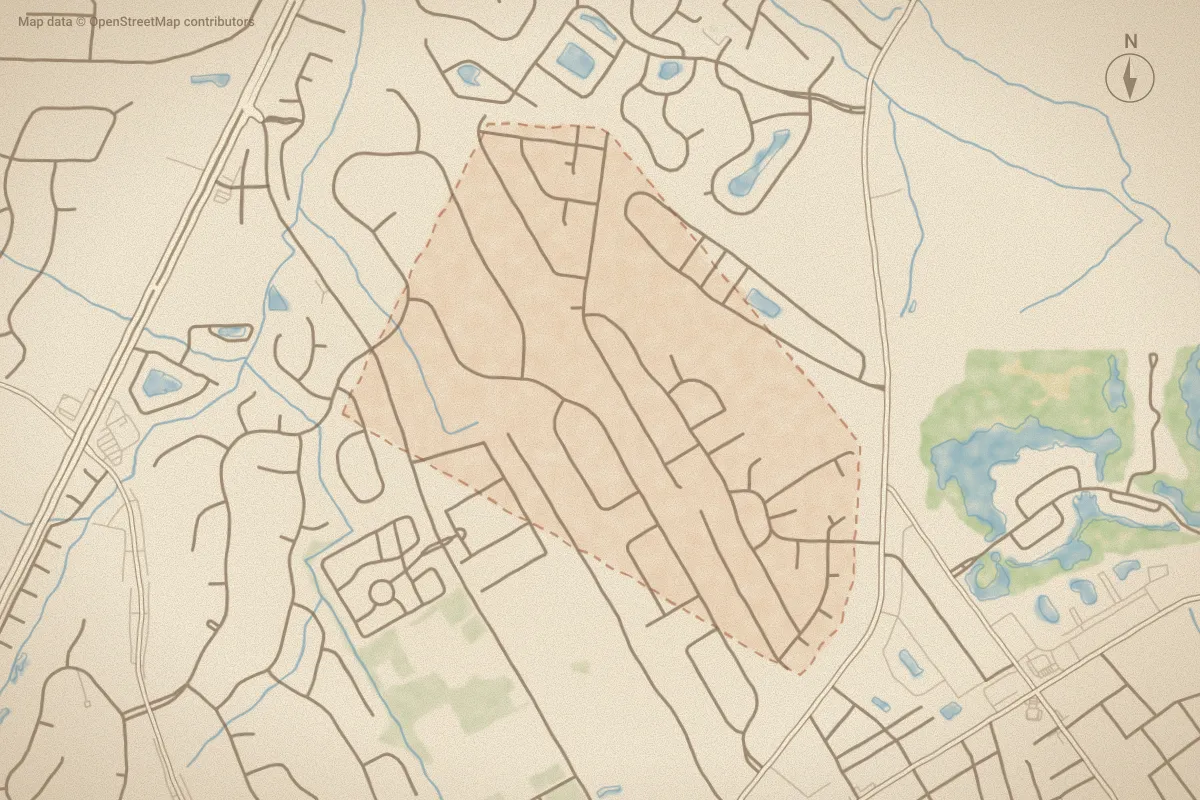 Watercolor map of Village At Calabash in Carolina Shores, NC, showing its streets, water and surroundings