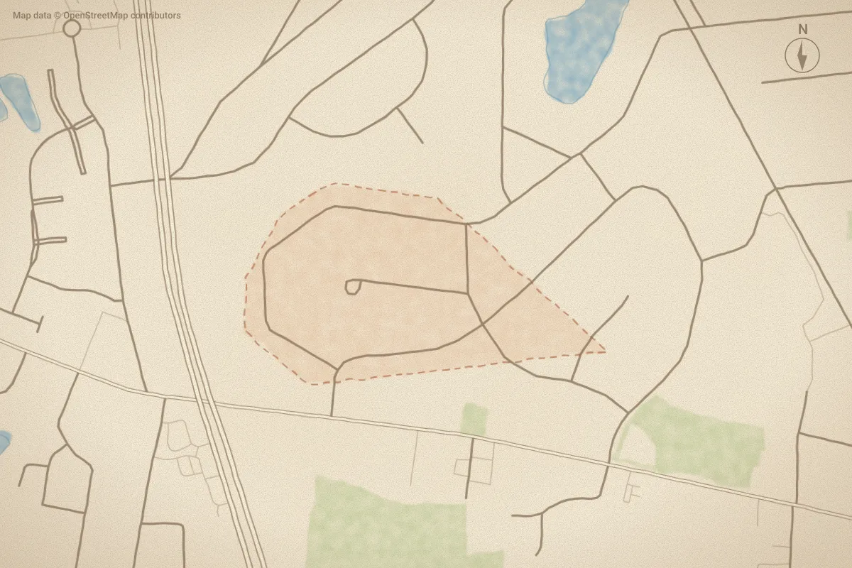 Watercolor map of Village Heights in Newport, NC, showing its streets, water and surroundings
