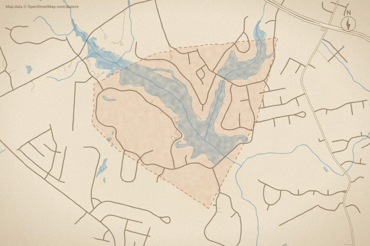 Watercolor map of Village of Walnut Creek in Goldsboro, NC, showing its streets, water and surroundings