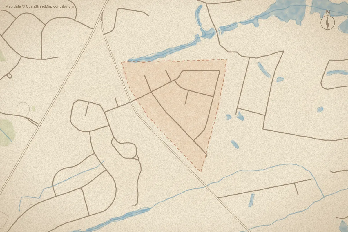 Watercolor map of Village Point in Shallotte, NC, showing its streets, water and surroundings