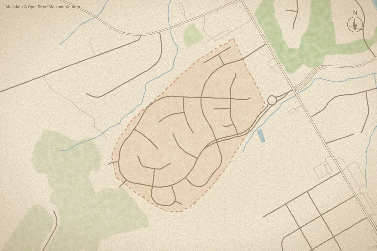 Watercolor map of Village in Wilson, NC, showing its streets, water and surroundings