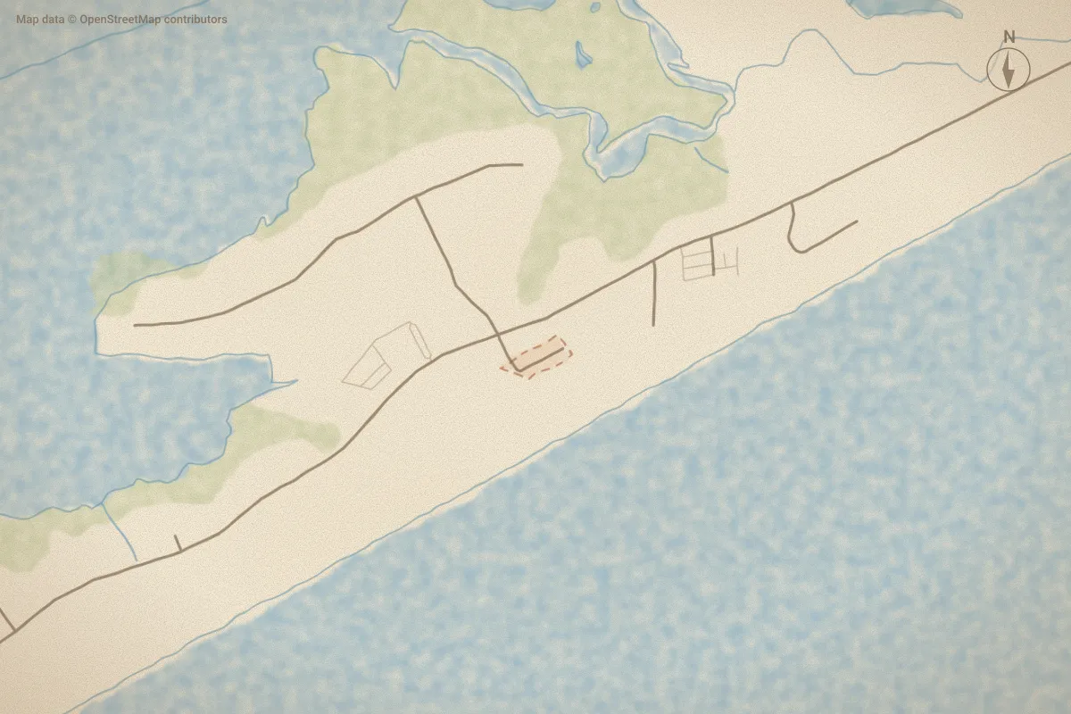 Watercolor map of Villas by the Sea in North Topsail Beach, NC, showing its streets, water and surroundings