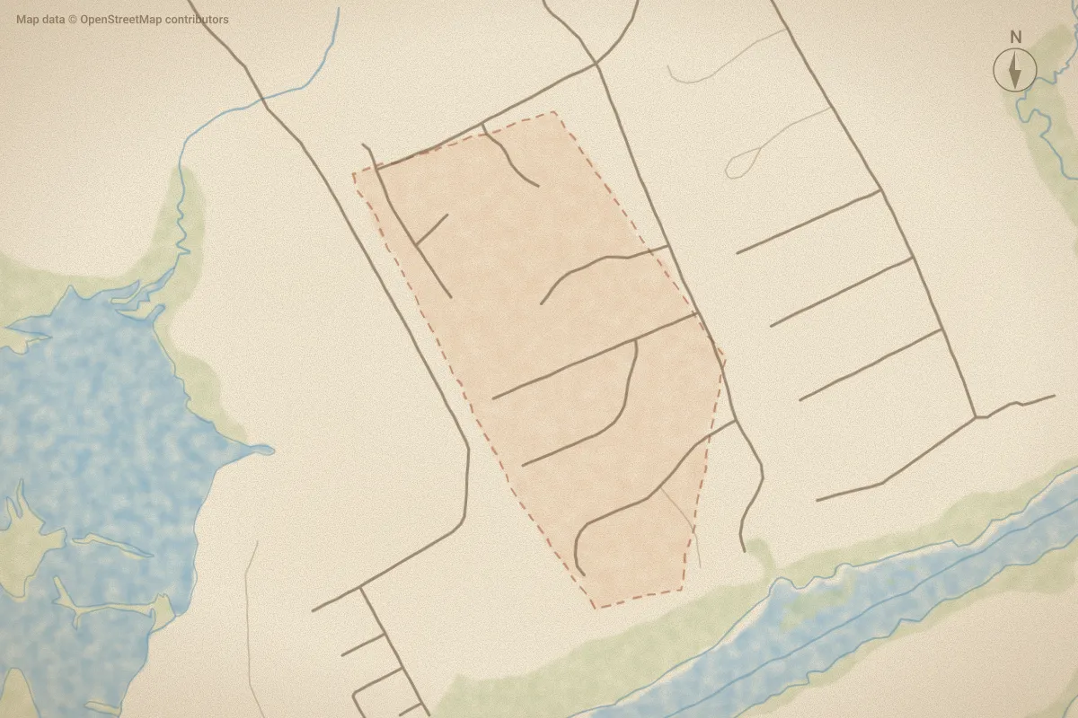 Watercolor map of Vista Cay in Hubert, NC, showing its streets, water and surroundings
