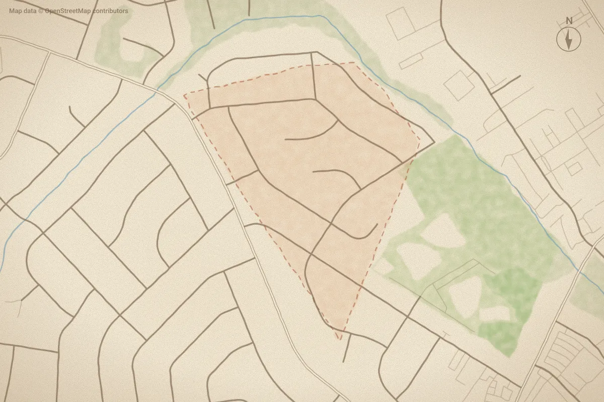 Watercolor map of Waits Woods in Kinston, NC, showing its streets, water and surroundings
