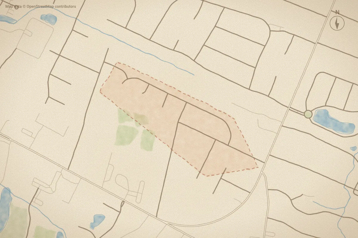Watercolor map of Waterford Place in Wilmington, NC, showing its streets, water and surroundings