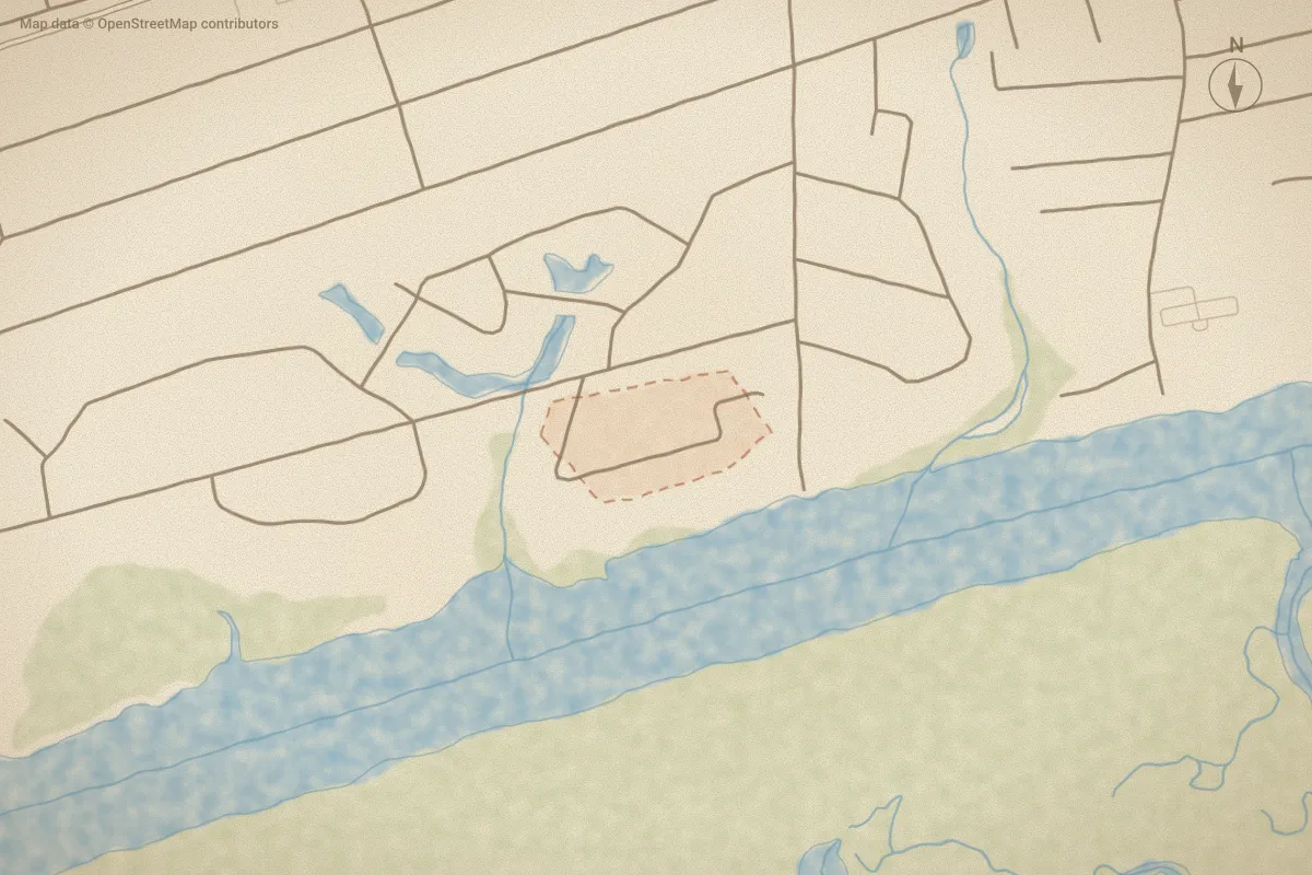 Watercolor map of Waterway Estates in Sunset Beach, NC, showing its streets, water and surroundings