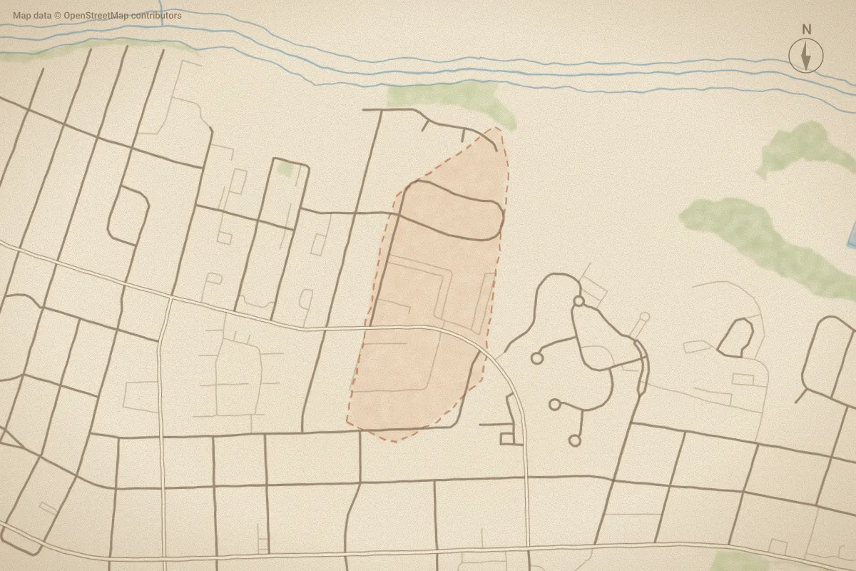 Watercolor map of Wesley Commons in Greenville, NC, showing its streets, water and surroundings